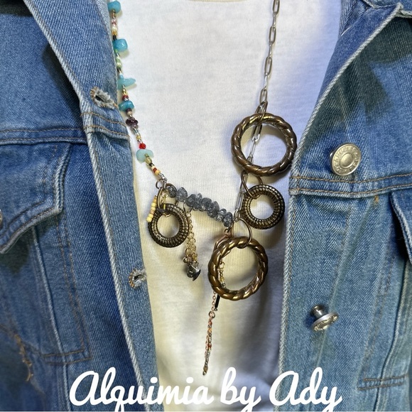 Handmade multi charms beaded layered necklace aquamarine Smokey quartz - Picture 4 of 8